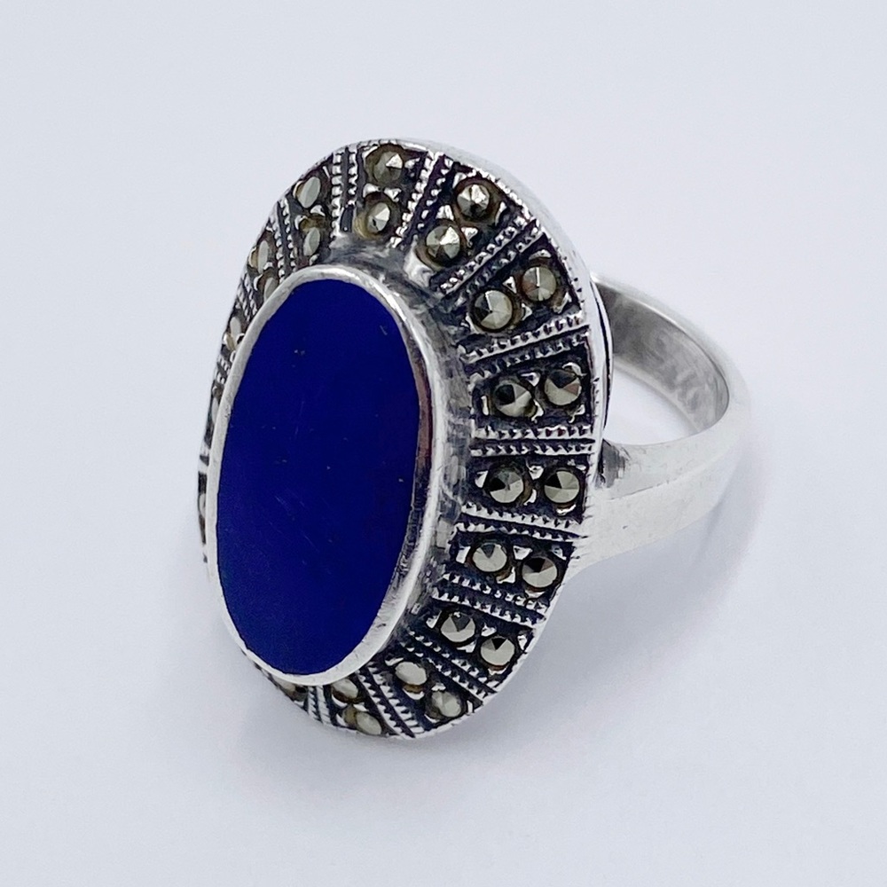 Sterling Silver Blue Lapis & Marcasite Ring